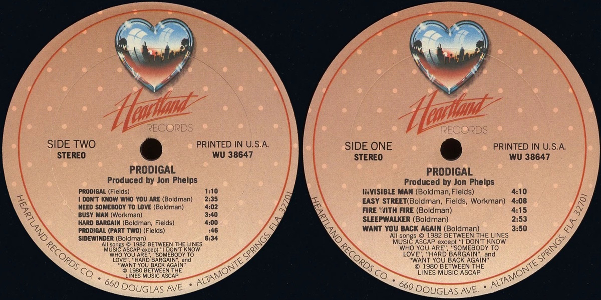 Prodigal - Prodigal (Heartland Records 1982) LP Back and Front Cover Art