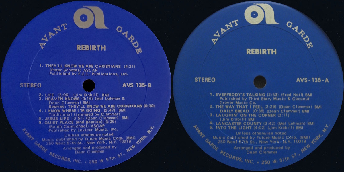 Rebirth - Rebirth (Avant Garde Records 1971) LP labels, Side2 and Side1