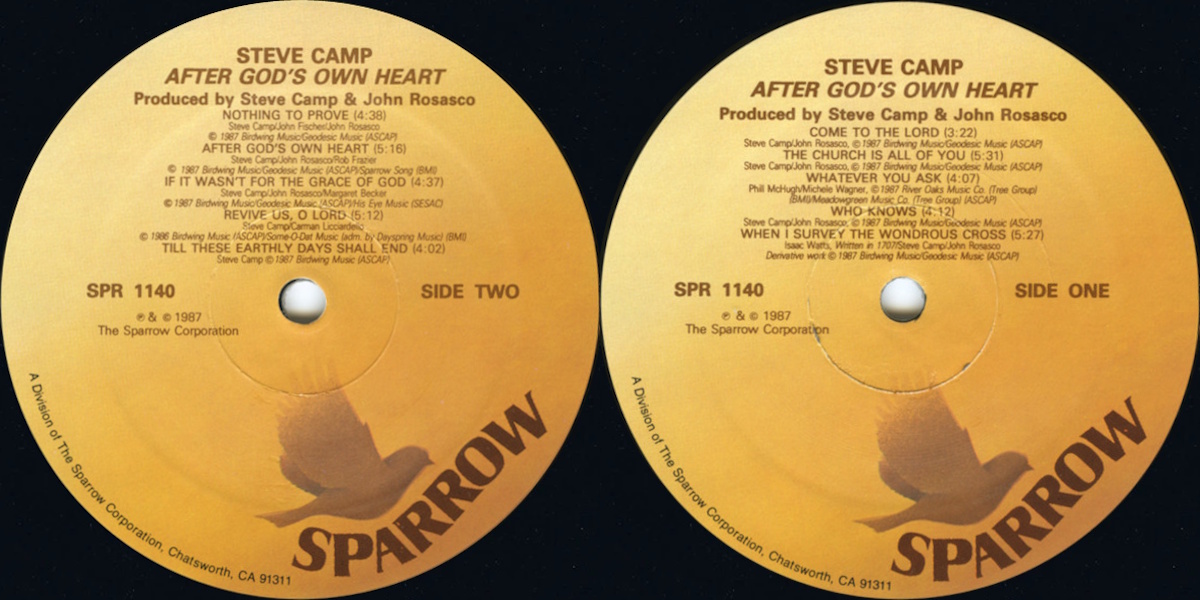 Steve Camp - After God's Own Heart (Sparrow Records 1987) LP labels, Side2 and Side1