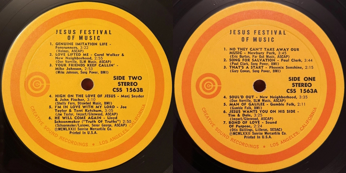 Various Artists - Jesus Festival of Music (Creative Sound Recordings 1973) LP labels, Side2 and Side1