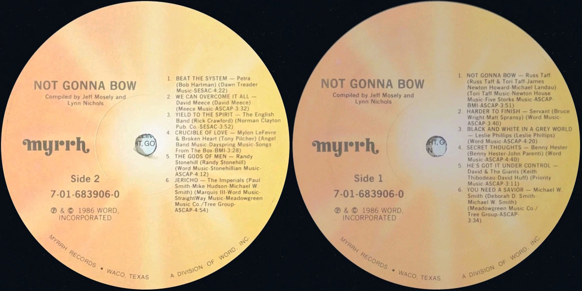 Various Artists - Not Gonna Bow (Myrrh Records 1986) LP labels, Side2 and Side1